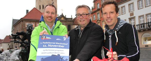 Freuen sich als Veranstalter und Organisatoren über den Run auf den 1. Paderborner Martinslauf: Christian Stork (Paderborner Osterlauf GmbH), Mathias Vetter (Geschäftsführer SC Grün-Weiß Paderborn) und Bernd Weber (Laufladen Endspurt). Foto: Katja Finke